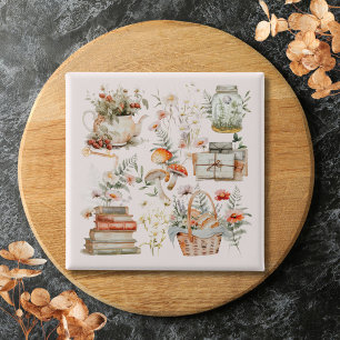 Books Mushroom Floral Whimsical Cottagecore Art 15 Cm Square Badge
