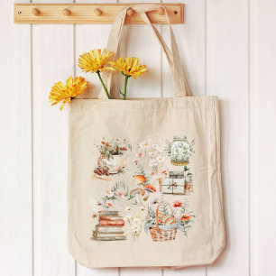 Books Mushroom Floral Whimsical Cottagecore Art Tote Bag