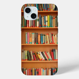 Books on Bookshelf Background iPhone 15 Mini Case