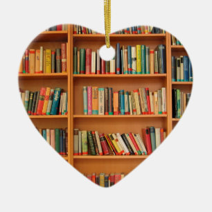 Books on Bookshelf Background Ceramic Ornament