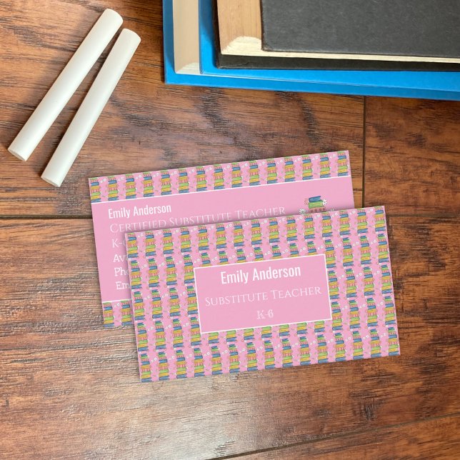 Books Pattern Pink Educator Framed Business Card (Books pattern pink educator double-sided business cards .)