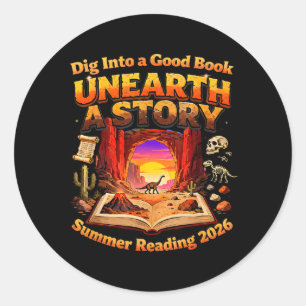 Books Summer Reading 2026 Unearth A Story Dinosaur Classic Round Sticker