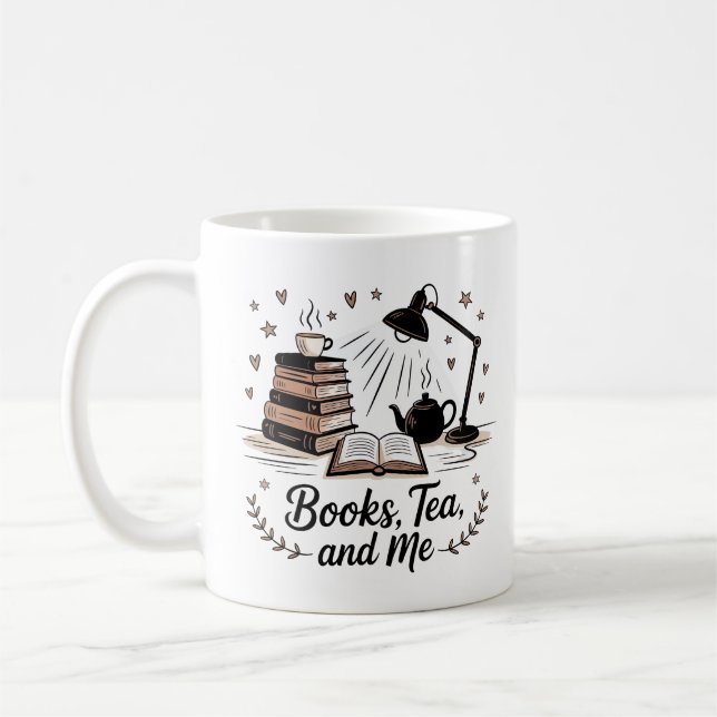 Books Tea and Me Cosy Minimalist Black White Coffee Mug (Left)