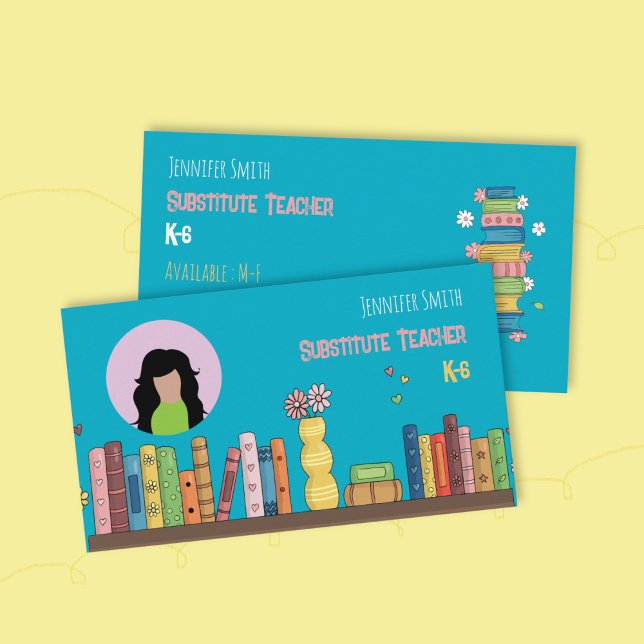 Books Tutor Teal Business Card with Photo (Watercolor bookshelf teal double-sided teacher business card with photo .)