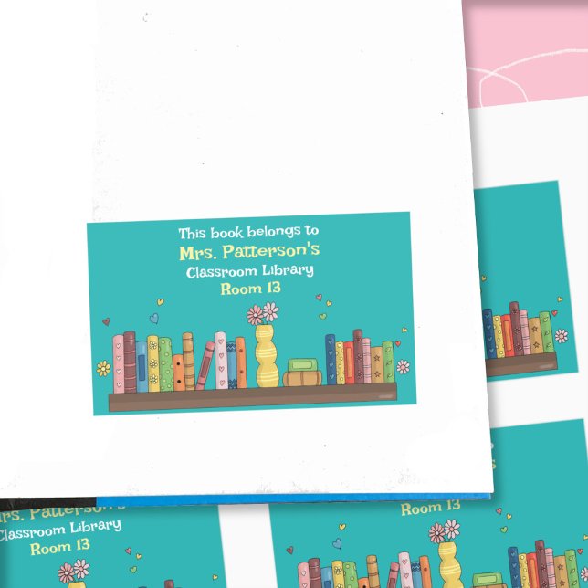 Bookshelf Classroom Library Teal Bookplate Rectangular Sticker (Teal classroom library bookplate with teacher's name and room number .)