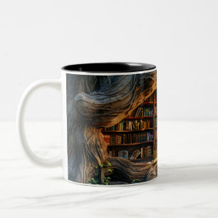 Bookshelf in the Woods 3D style  Two-Tone Coffee Mug