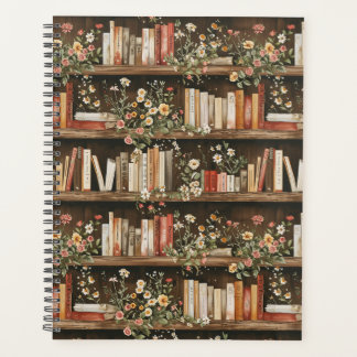 Bookshelves with flowers and books planner
