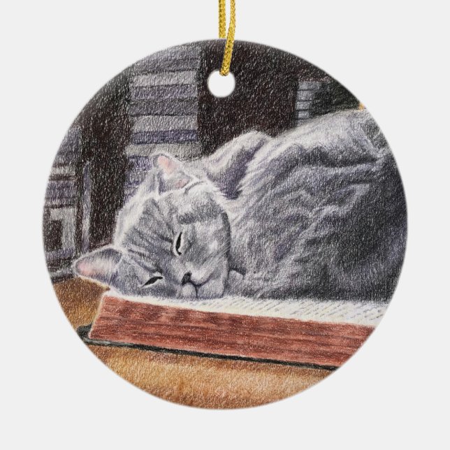 Bookstore Cat Ceramic Ornament (Front)