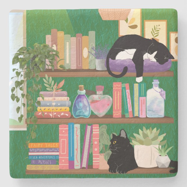Bookstore cats stone coaster (Front)