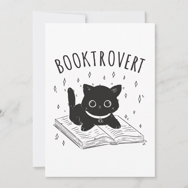 Booktrovert cat with book and stars invitation (Front)