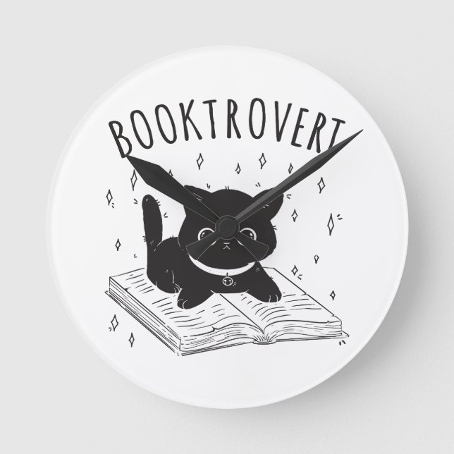 Booktrovert cat with book and stars round clock (Front)