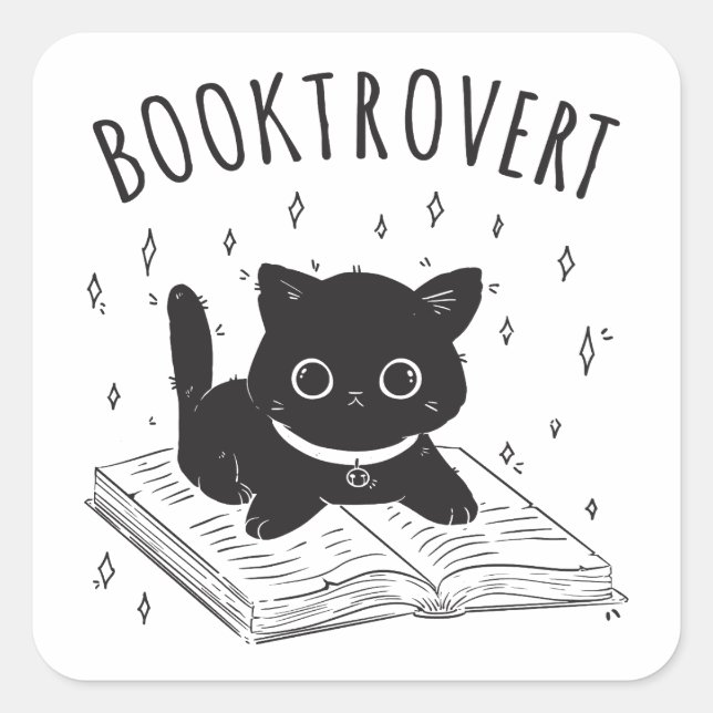 Booktrovert cat with book and stars square sticker (Front)
