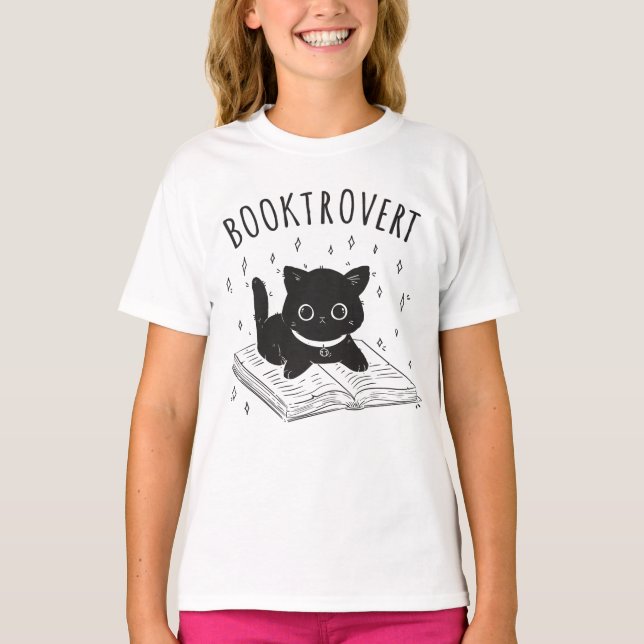 Booktrovert cat with book and stars T-Shirt (Front)