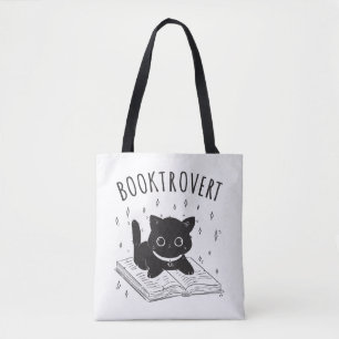 Booktrovert cat with book and stars tote bag