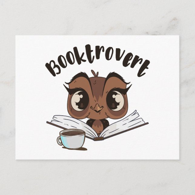 Booktrovert owl with book and coffee postcard (Front)