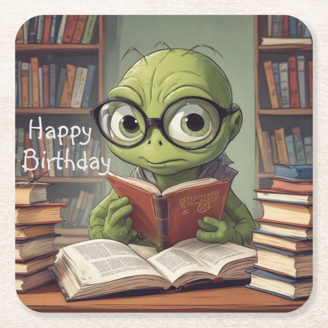 Bookworm Birthday Square Paper Coaster (Front)
