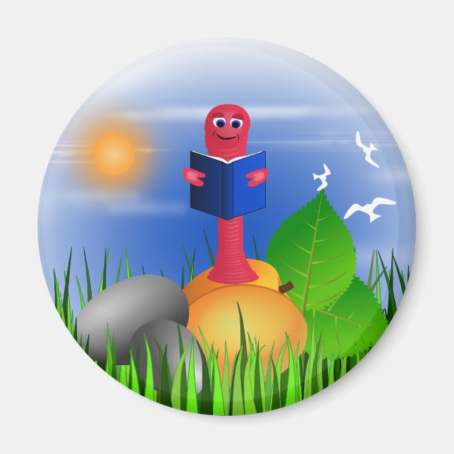 Bookworm Book Worm Colourful Cute Round Magnet (Front)