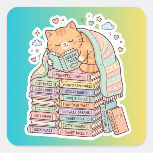 Bookworm Cat Cosy Reading Cat Square Sticker