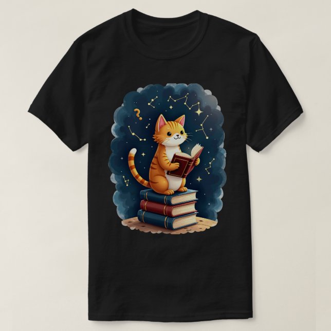 Bookworm Cat Space Reader Dark Academia Cosy T-Shirt (Design Front)