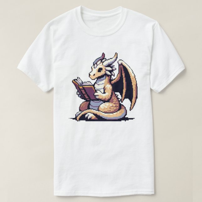 Bookworm Dragon - Funny Pixel Art Fantasy Design T-Shirt (Design Front)