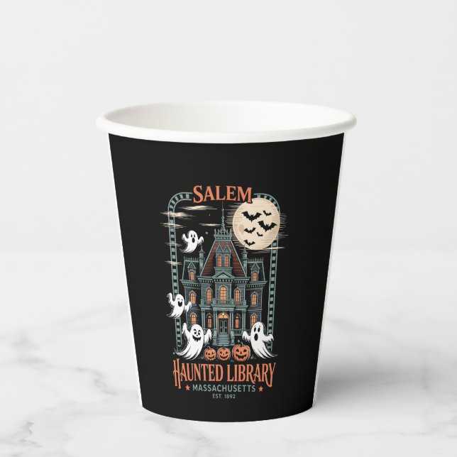 Bookworm Halloween Shirt Haunted Library Paper Cups (Front)