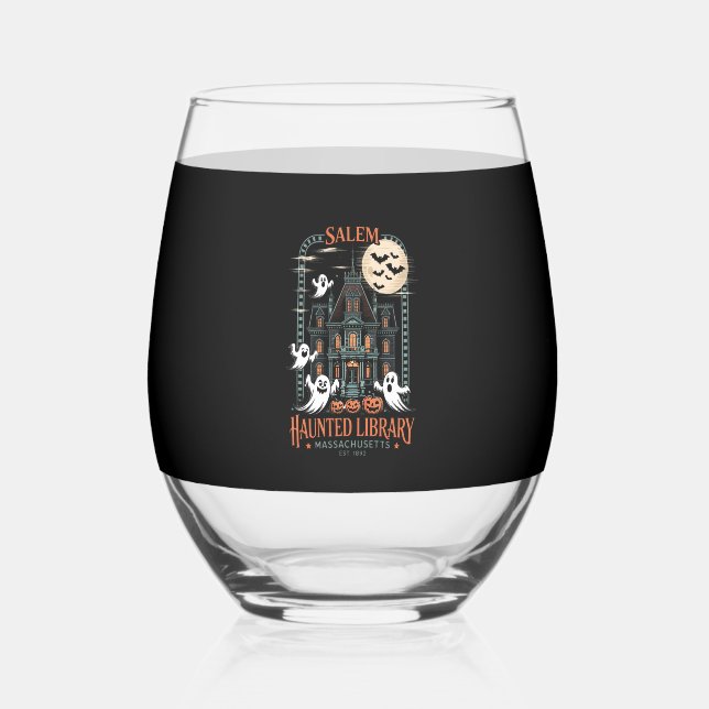Bookworm Halloween Shirt Haunted Library Stemless Wine Glass (Front)