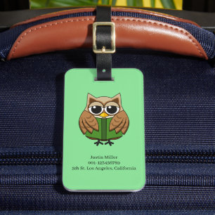 Bookworm Owl Reading Book Cartoon   Personalize Luggage Tag