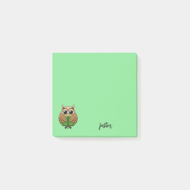 Bookworm Owl Reading Book Cartoon | Personalize Post-it Notes (Front)
