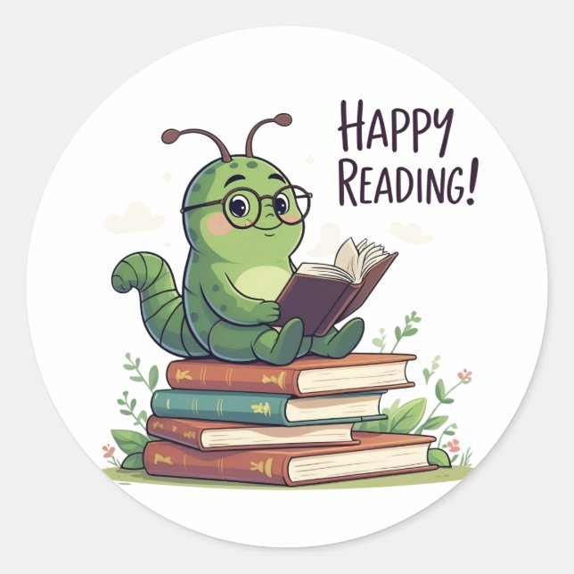 Bookworm Reading Design  Classic Round Sticker (Front)