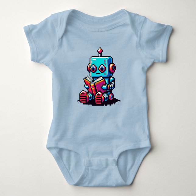 Bookworm Robot - Pixel Art Sci-Fi Reading Design Baby Bodysuit (Front)