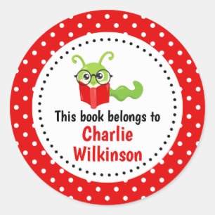 Bookworm This Book Belongs To Bookplate Red Spots Classic Round Sticker