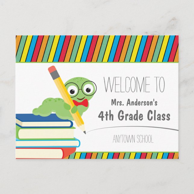 Bookworm Welcome Back To School colourful Postcard (Front)