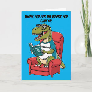Bookwormosaurs rex sitting in chair reading book card