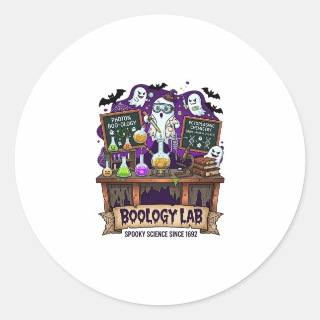 Boology Lab Spooky Science Ghost Scientist Potions Classic Round Sticker (Front)