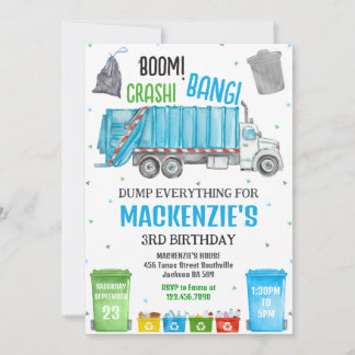 Boom Crash Bang Garbage Truck Boy Birthday Party Invitation