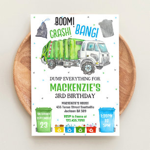 Boom Crash Bang Garbage Truck Boy Birthday Party Invitation