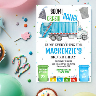 Boom Crash Bang Garbage Truck Boy Birthday Party Invitation