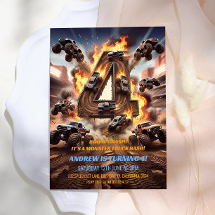 Boom Crash Monster Truck 4th Birthday Invitation