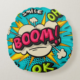 Boom pop art cloud bubble. Smile, wow, pow, cool,  Round Cushion
