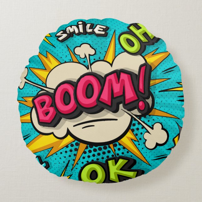 Boom pop art cloud bubble. Smile, wow, pow, cool,  Round Cushion (Front)