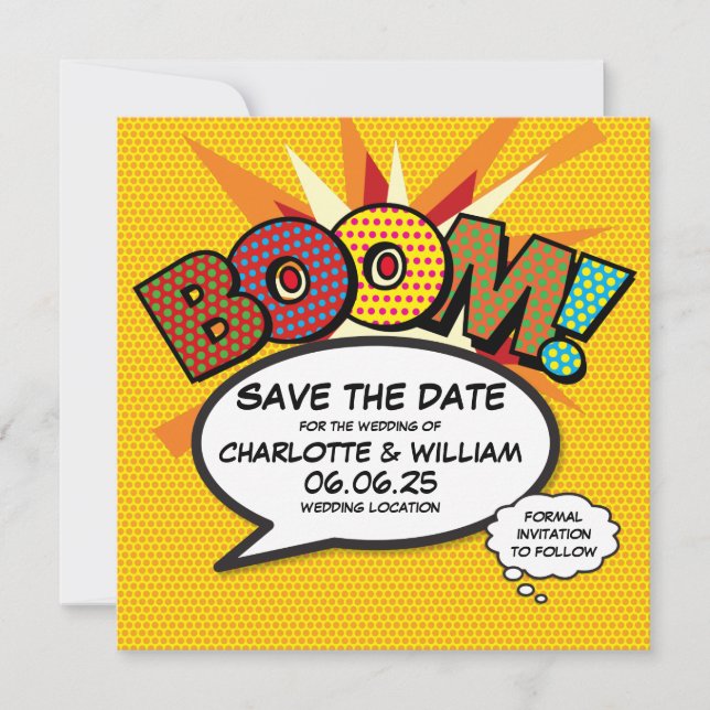 BOOM Save the Date Fun Retro Comic Book Pop Art (Front)