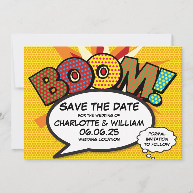 BOOM Save the Date Fun Retro Comic Book Pop Art (Front)