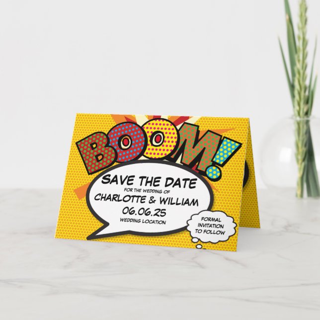 BOOM Save the Date Fun Retro Comic Book Pop Art Announcement (Front)