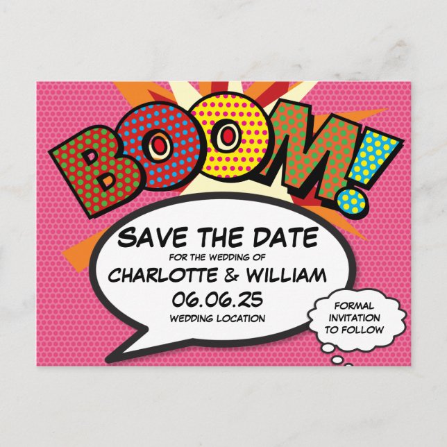 BOOM Save the Date Fun Retro Comic Book Pop Art Announcement Postcard (Front)