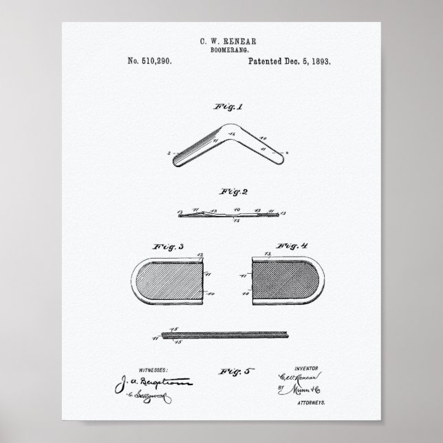 Boomerang 1893 Patent Art White Paper Poster (Front)