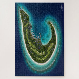 Boomerang-Shaped Island with Marina Satellite View Jigsaw Puzzle