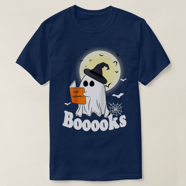 Boooks Boo Ghost Reading Moon Pumpkin Halloween Bo T-Shirt (Design Front)