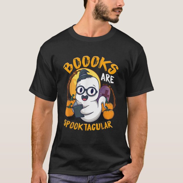 Boooks Ghost Funny Halloween Teacher Book Library  T-Shirt (Front)