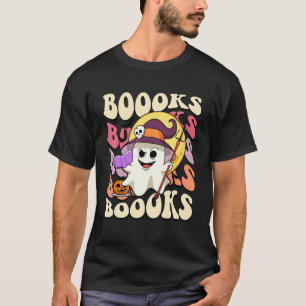 Boooks Ghost Groovy Book Reading Halloween Teacher T-Shirt
