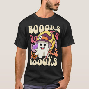 Boooks Ghost Groovy Book Reading Halloween Teacher T-Shirt